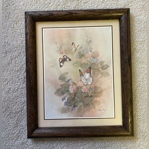 LENA LIU Vintage Wood Framed Signed Print “Butterflies and Wild Flowers"